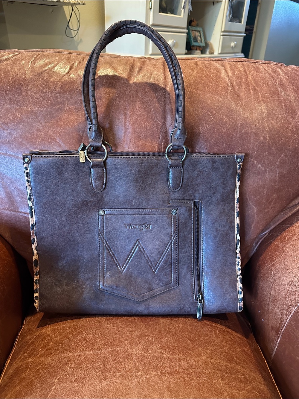 Wrangler Brown Tote with Leopard Accent Trim - Picture 3 of 4